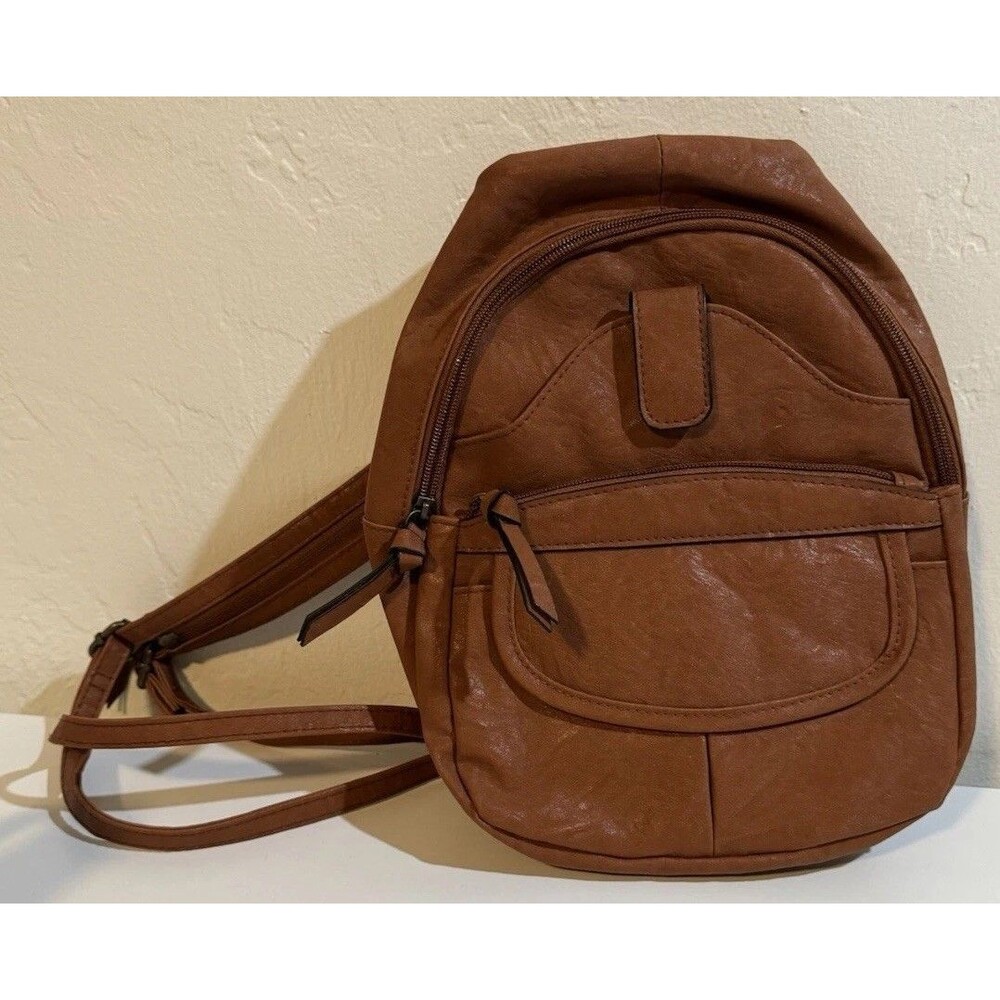 Adorable Small Bueno Brown Faux Leather Sling Backpack Purse Crossbody Bag